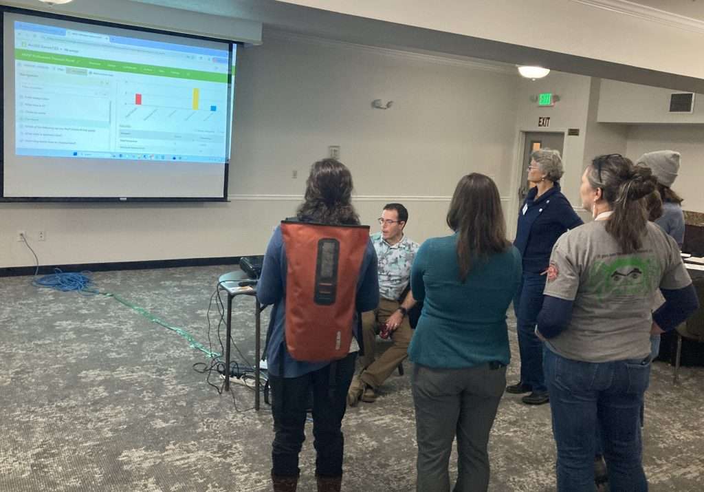 participants look at screen with survey data