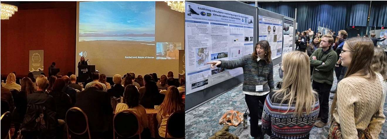 Two images side by side: Keynote presentation and student explains scientific poster