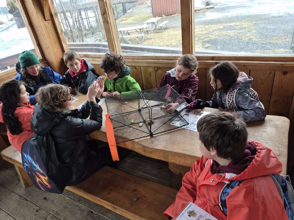 Students at table look at crab trap.